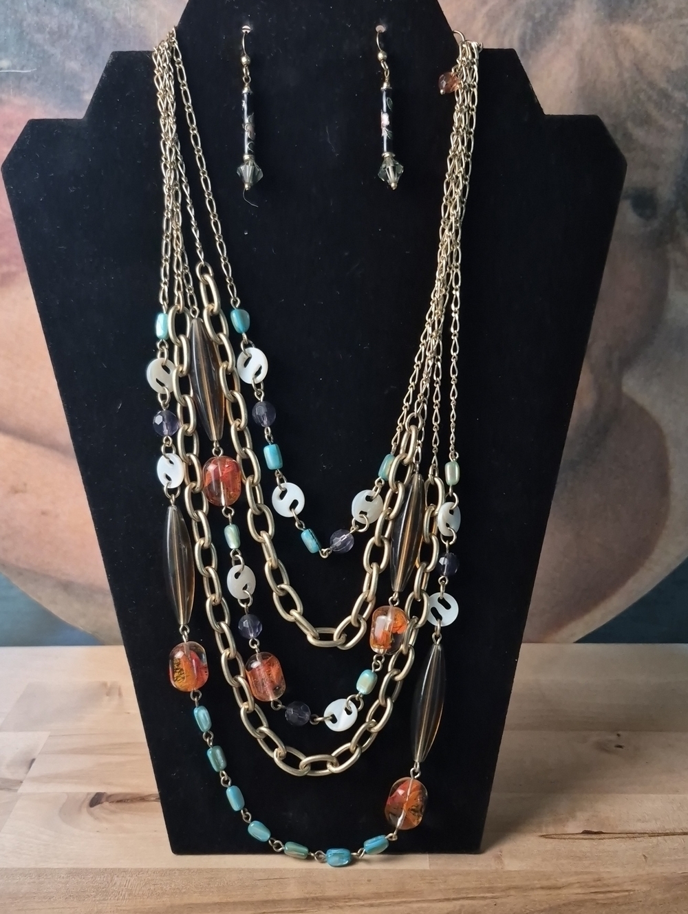 Lia Sophia Layered Gold-Tone Necklace with Turquoise and Amber Beads